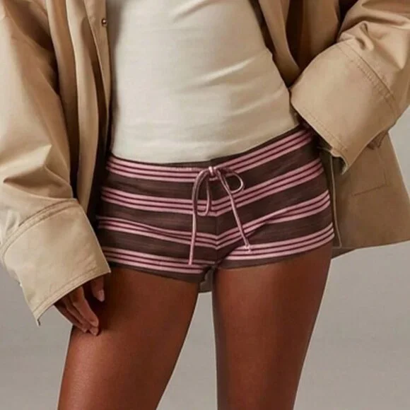 Brown Casual Women's Tie Waist Striped Skinny Shorts Vacation